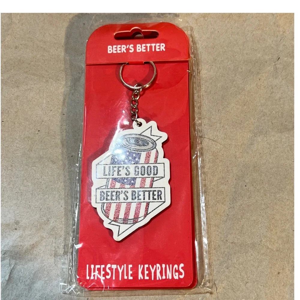 Lifestyle Keyrings Wood Keychain  Life's Good Beer's Better Patriotic Can